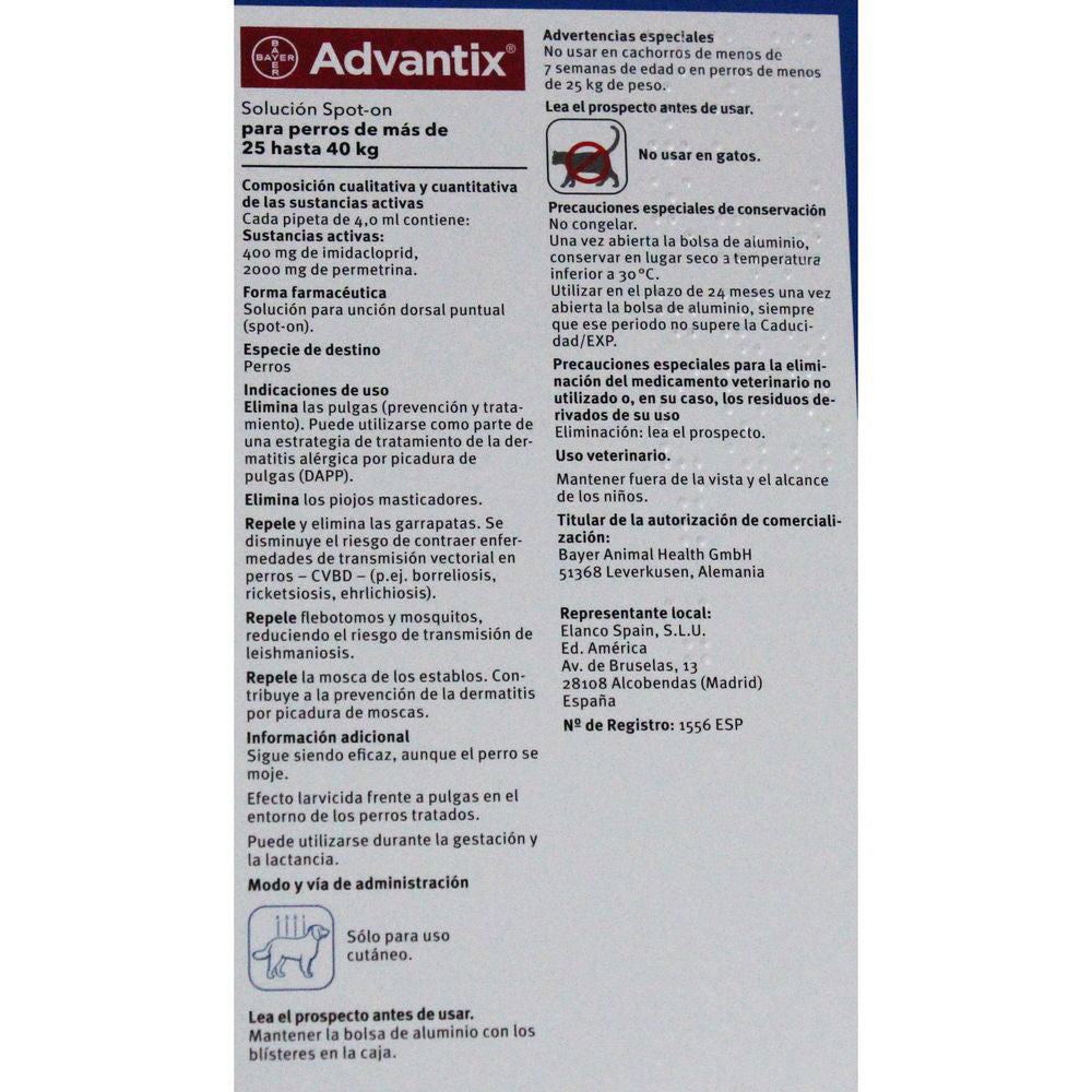 Advantix Solucion Spot-on Para Perros de mas de 25 Hasta 40 kg