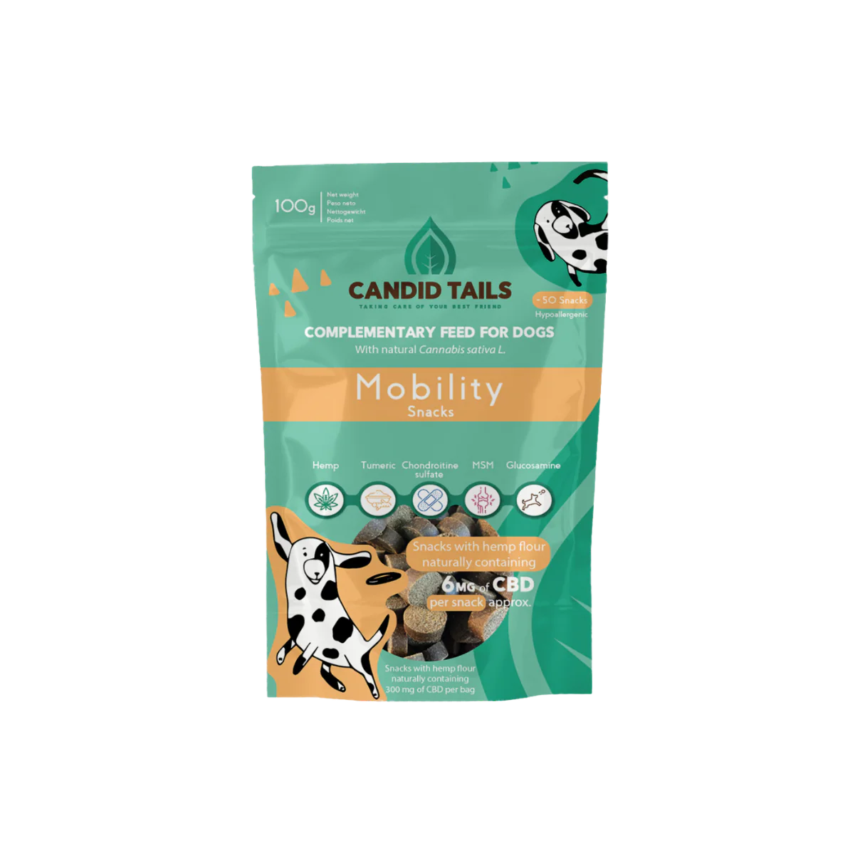 CANDID TAILS MOBILITY SNACKS CON CBD Y CÁÑAMO PARA PERRO 100gr
