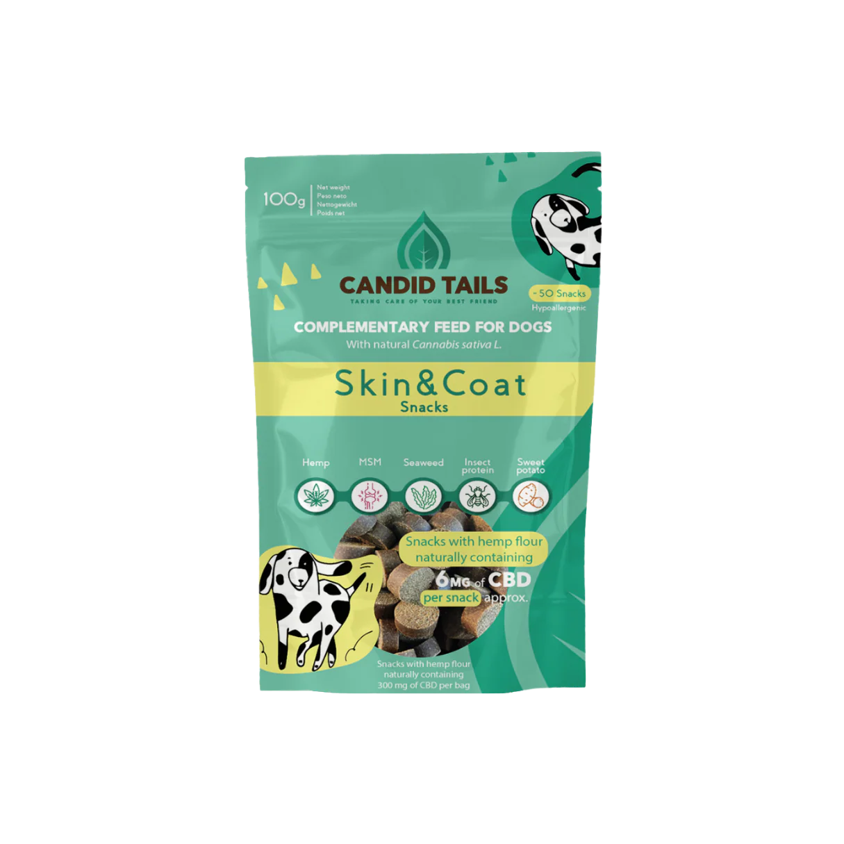 CANDID TAILS SKIN & COAT SNACKS CON CBD Y CÁÑAMO PARA PERRO 100gr