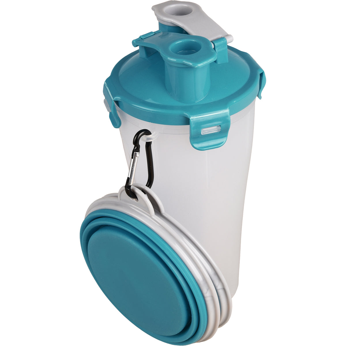 RECIPIENTE DE VIAJE 2 EN 1 PARA COMIDA Y AGUA FLAMINGO (13x13x23cm) - TRINKA GRIS / AZUL
