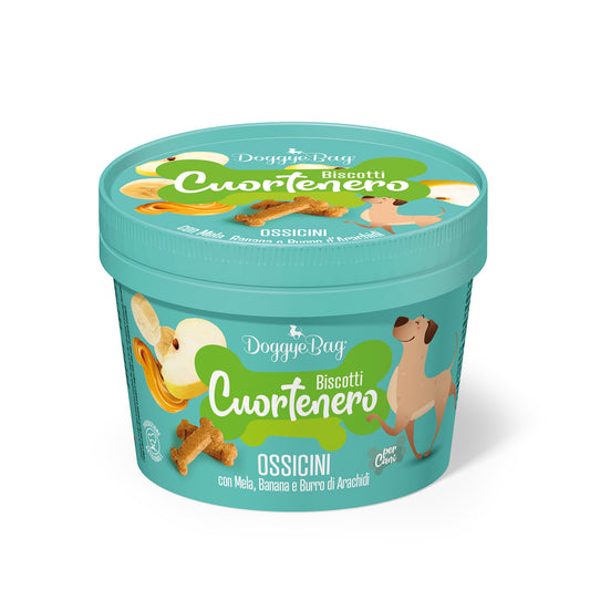 DOGGYEBAG CUORTENERO FORMA DE HUESO CON MANZANA, PLÁTANO Y MANTEQUILLA DE MANÍ - 150GR