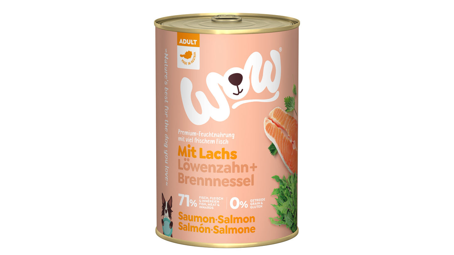 WOW ALIMENTO HÚMEDO DE SALMÓN CON DIENTE DE LEÓN PARA PERRO ADULTO