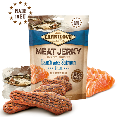 CARNILOVE JERKY CORDERO Y SALMON FILETES 12X100GR