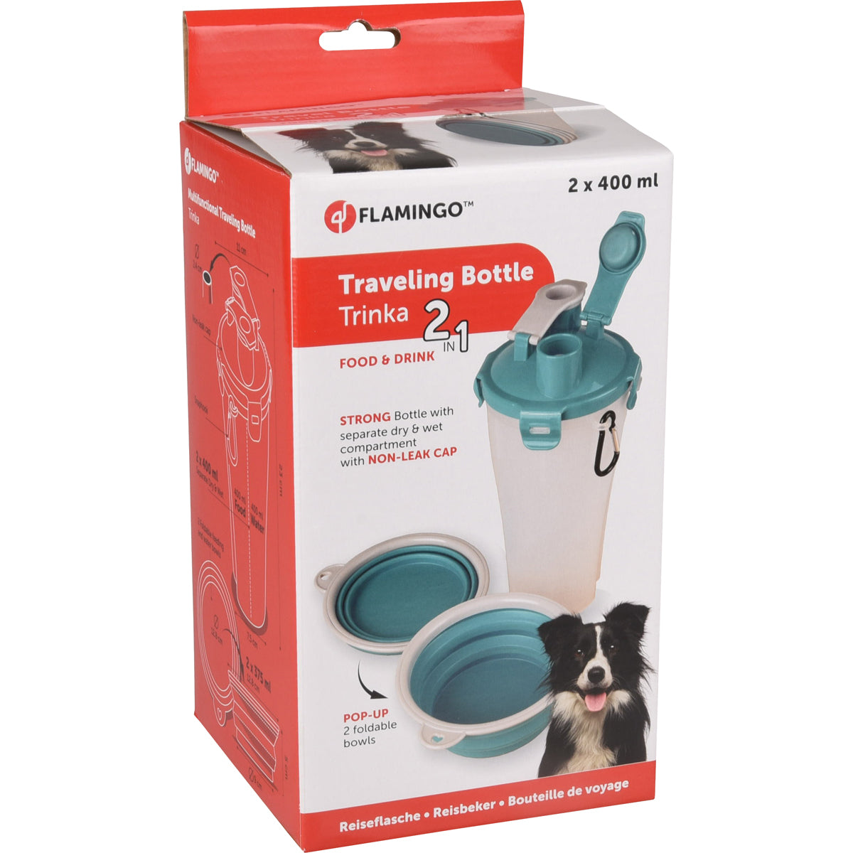 RECIPIENTE DE VIAJE 2 EN 1 PARA COMIDA Y AGUA FLAMINGO (13x13x23cm) - TRINKA GRIS / AZUL