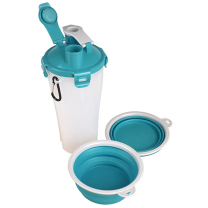 RECIPIENTE DE VIAJE 2 EN 1 PARA COMIDA Y AGUA FLAMINGO (13x13x23cm) - TRINKA GRIS / AZUL
