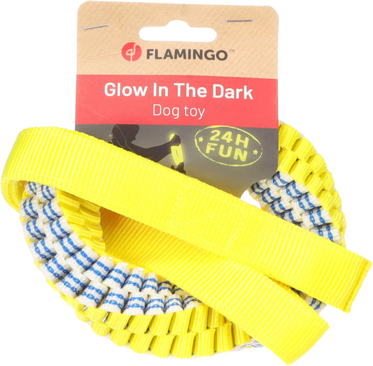 FLAMINGO JUGUETE PARA PERRO CON CUERDA PARA TIRAR ANILLO TEJIDO AZUL AMARILLO - GLOWA -