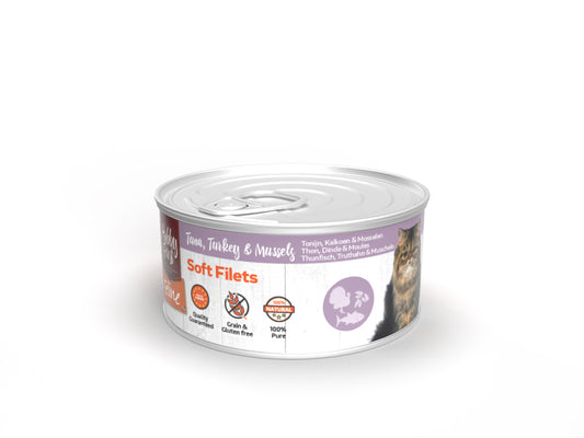 HOBBY FIRST ALIMENTO HÚMEDO DE ATÚN, PAVO Y MEJILLONES PARA GATO 12 unidades - 70GR